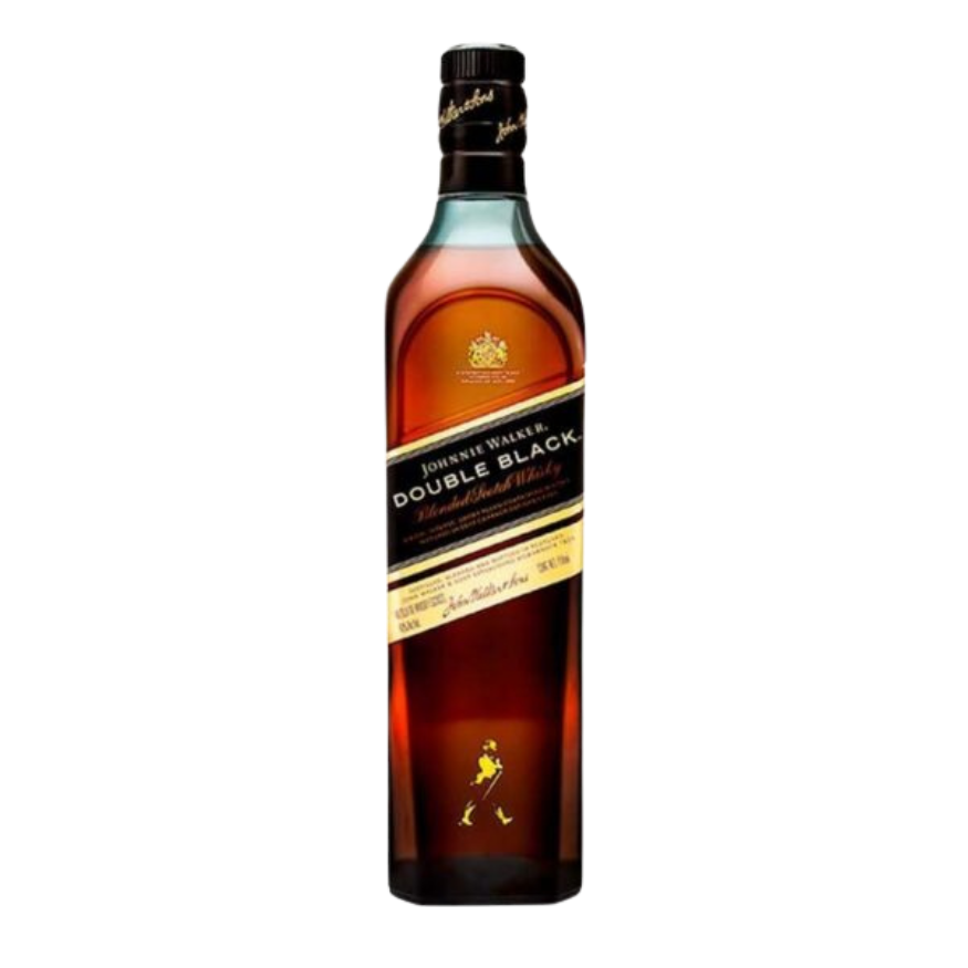 Botella de whisky Johnnie Walker Double Black de 1000 ml con su característica etiqueta inclinada negra y caja de presentación premium en tonos oscuros.
