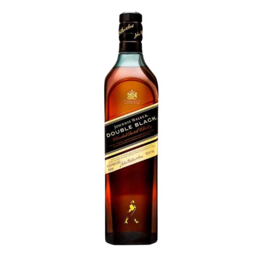 Botella de whisky Johnnie Walker Double Black de 1000 ml con su característica etiqueta inclinada negra y caja de presentación premium en tonos oscuros.