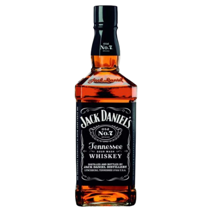 Icónica botella cuadrada de vidrio de Jack Daniel's Old No. 7 de 700 ml con su famosa y legendaria etiqueta negra y letras blancas.
