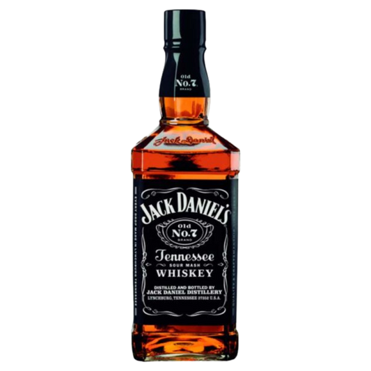 Icónica botella cuadrada de vidrio de Jack Daniel's Old No. 7 de 700 ml con su famosa y legendaria etiqueta negra y letras blancas.