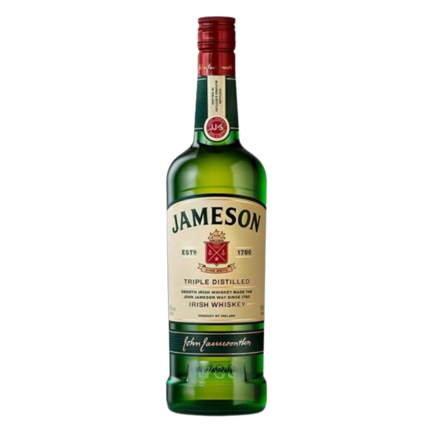 Icónica botella verde de Jameson Irish Whiskey de 700 ml con su etiqueta crema y granate tradicional, destacando su sello de triple destilación.