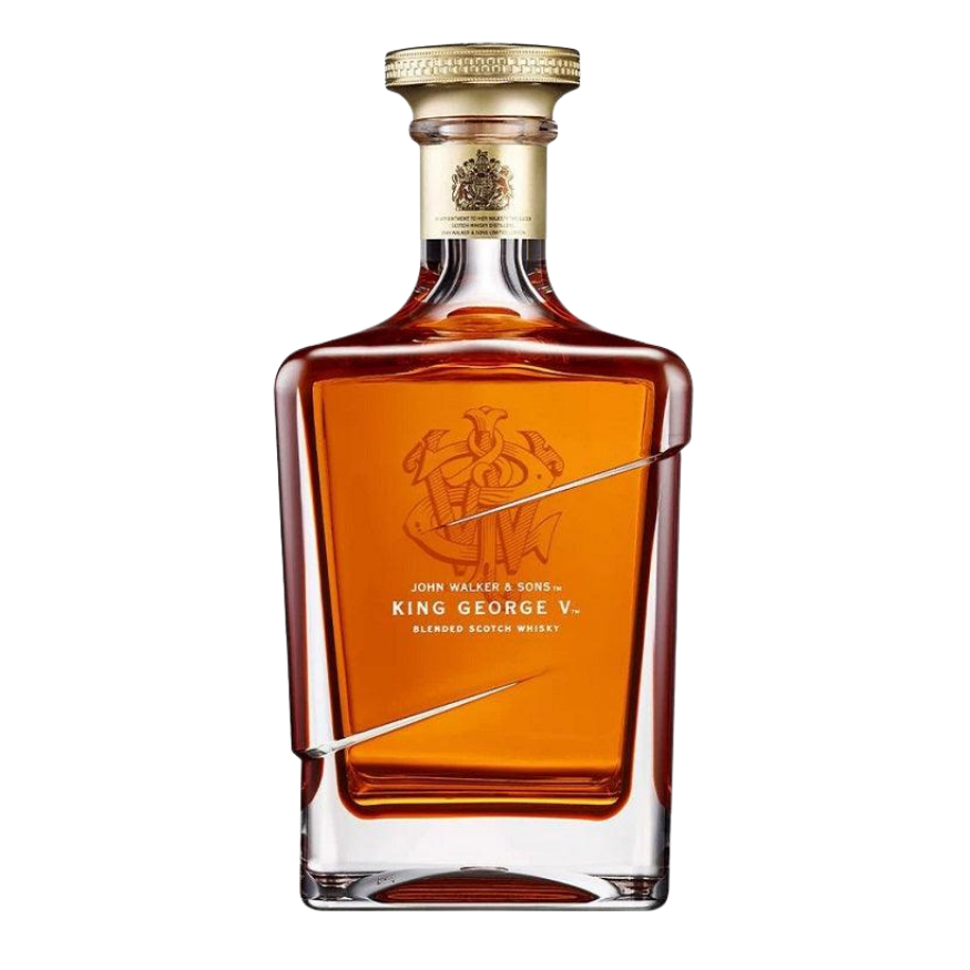 Exclusivo decantador de cristal tallado de Johnnie Walker King George V de 750 ml con detalles dorados, presentado dentro de una caja de exhibición de ultra lujo texturizada.