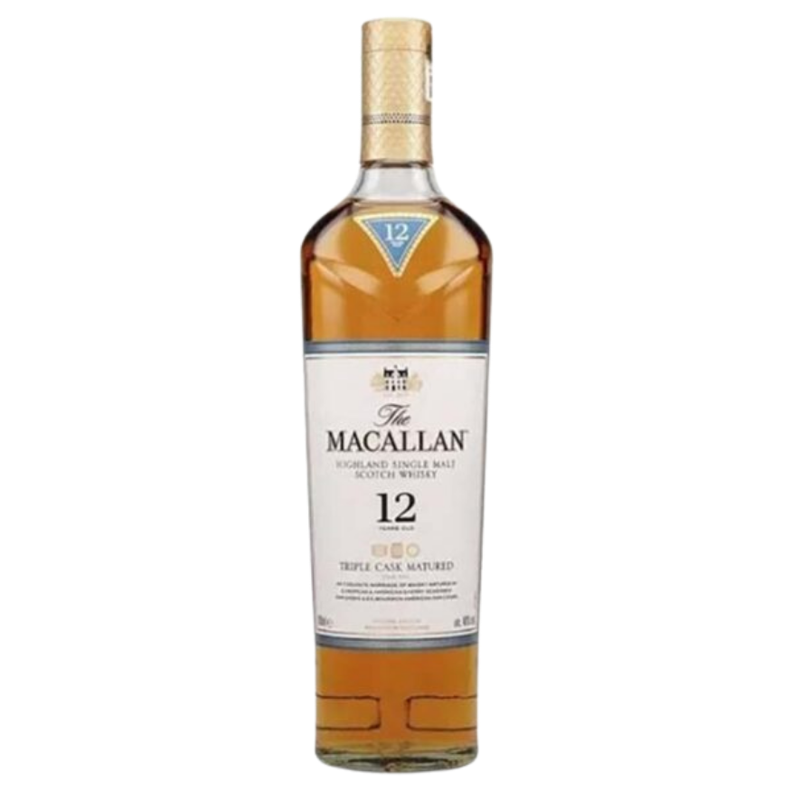 Botella de whisky single malt The Macallan 12 Años Double Cask de 750 ml al lado de su estuche cilíndrico de presentación premium en color azul claro y blanco.