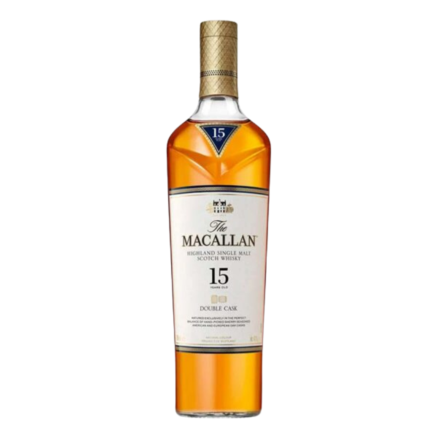 Elegante botella de whisky single malt The Macallan 15 Años Double Cask de 750 ml junto a su estuche premium texturizado en color azul marino y detalles dorados.