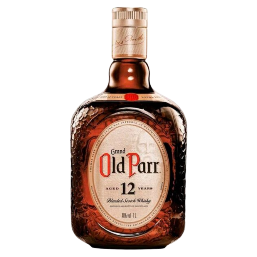 Botella de un litro de whisky Grand Old Parr 12 Años (1000 ml) en vidrio ámbar texturizado con etiqueta dorada y su caja de presentación premium.