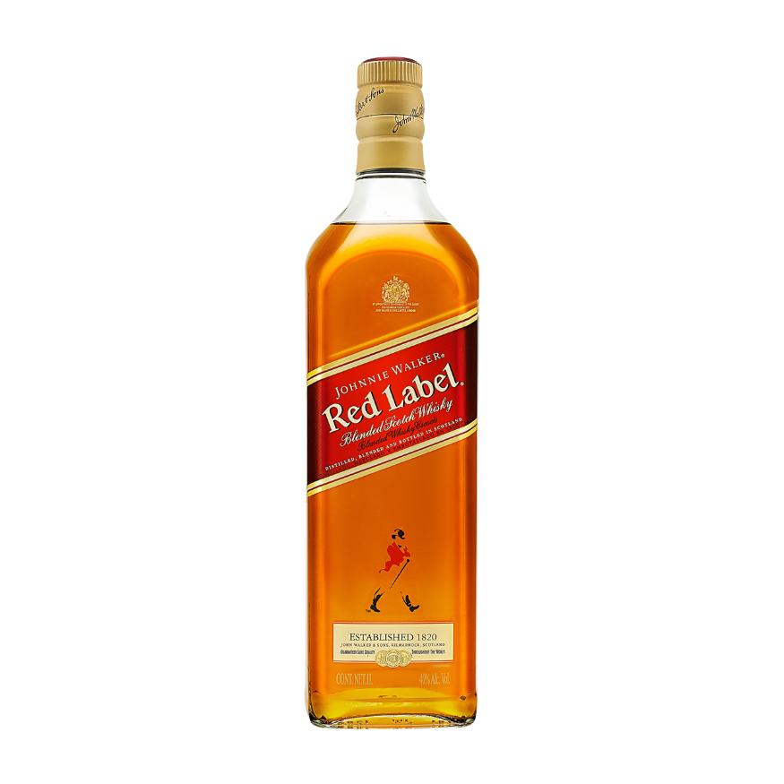 Botella grande de whisky Johnnie Walker Red Label de 1000 ml (1 litro), con su representativa etiqueta roja inclinada y diseño cuadrado clásico.