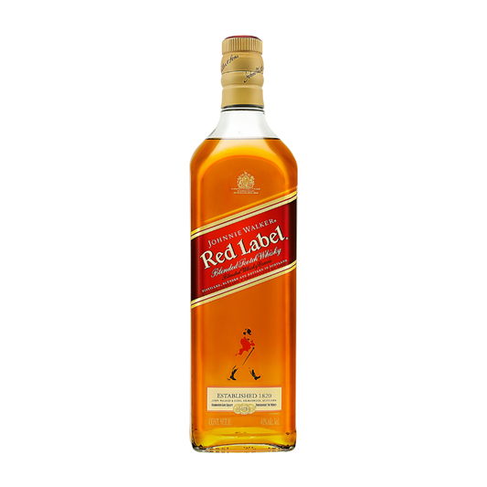 Botella grande de whisky Johnnie Walker Red Label de 1000 ml (1 litro), con su representativa etiqueta roja inclinada y diseño cuadrado clásico.